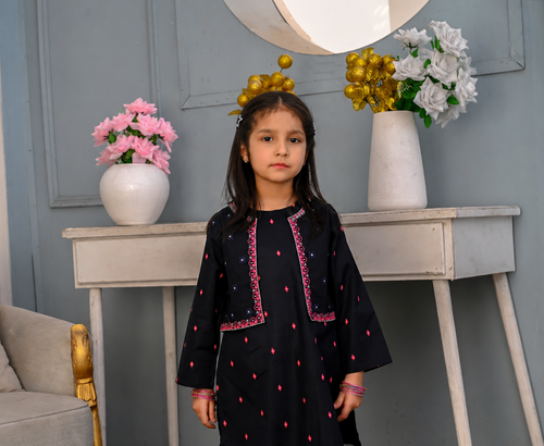 Girls Navy Blue Embroidered Traditional Kurta & Trouser with Waiscot Set - Festive Wear