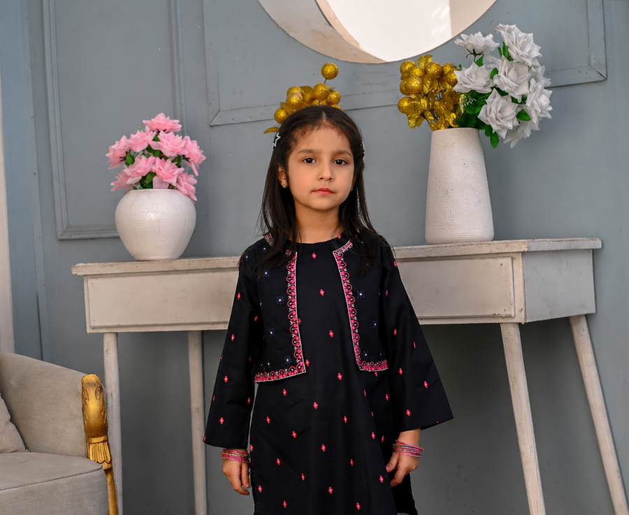 Girls Navy Blue Embroidered Traditional Kurta & Trouser with Waiscot Set - Festive Wear