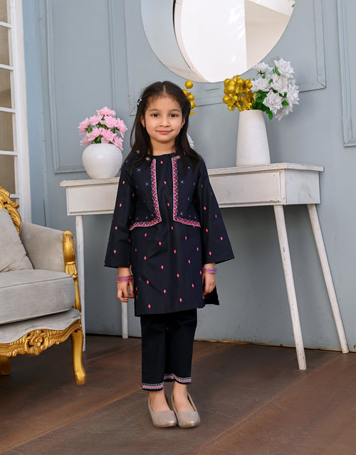 Girls Navy Blue Embroidered Traditional Kurta & Trouser with Waiscot Set - Festive Wear