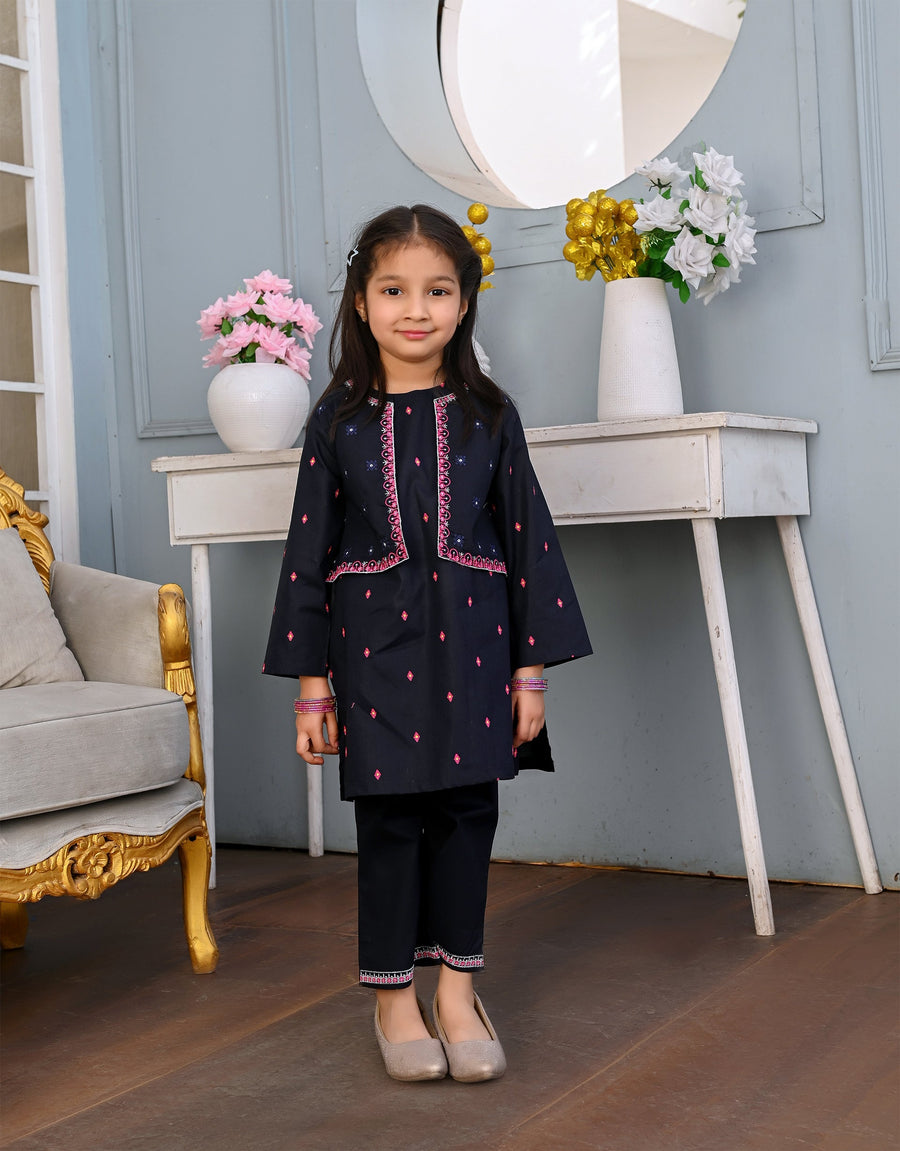 Girls Navy Blue Embroidered Traditional Kurta & Trouser with Waiscot Set - Festive Wear