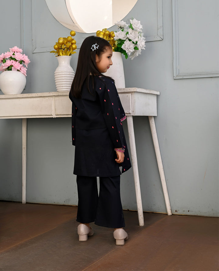Girls Navy Blue Embroidered Traditional Kurta & Trouser with Waiscot Set - Festive Wear