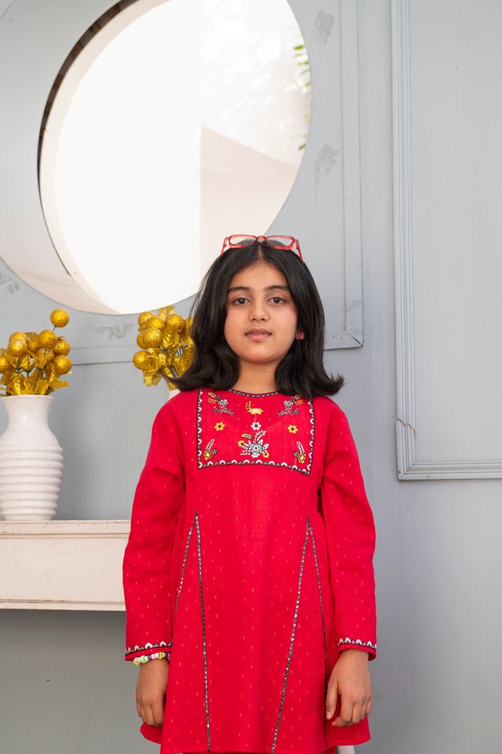 Girls' Crimson Red Embroidered 2-Piece Ethnic Suit - Festive Collection