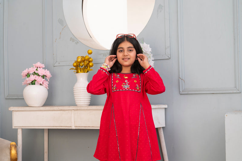 Girls' Crimson Red Embroidered 2-Piece Ethnic Suit - Festive Collection Vesto.Pk