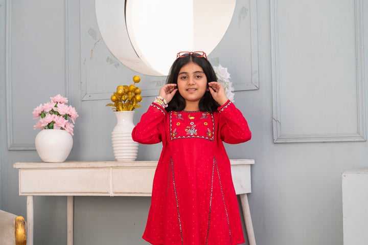 Girls' Crimson Red Embroidered 2-Piece Ethnic Suit - Festive Collection