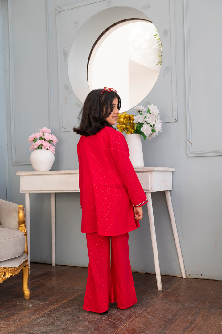 Girls' Crimson Red Embroidered 2-Piece Ethnic Suit - Festive Collection
