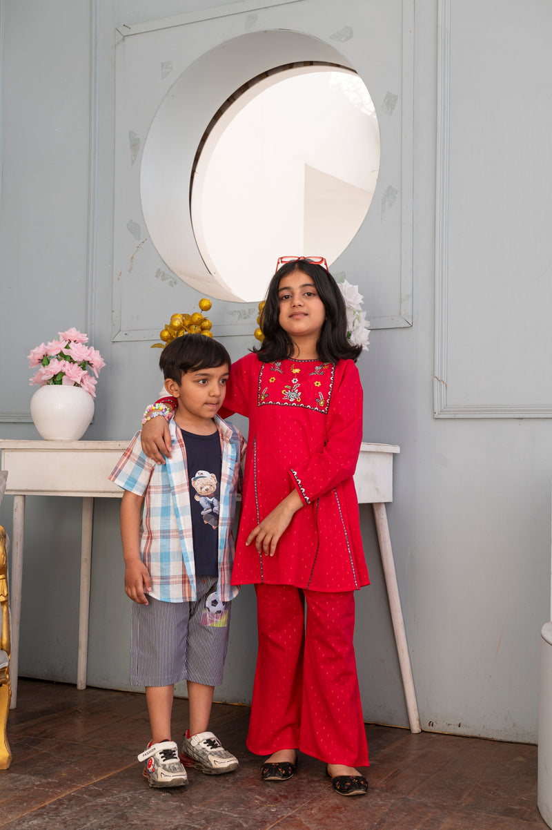 Girls' Crimson Red Embroidered 2-Piece Ethnic Suit - Festive Collection Vesto.Pk