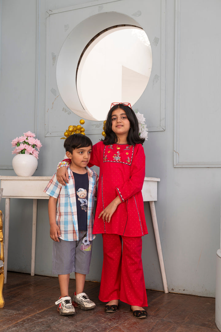 Girls' Crimson Red Embroidered 2-Piece Ethnic Suit - Festive Collection