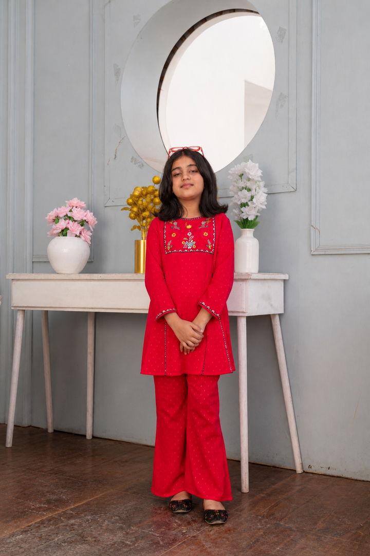 Girls' Crimson Red Embroidered 2-Piece Ethnic Suit - Festive Collection